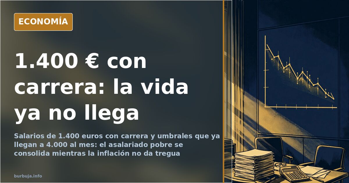 Ilustración editorial de nóminas y gráficos de sueldos sobre una mesa vacía, con el término asalariado pobre al fondo