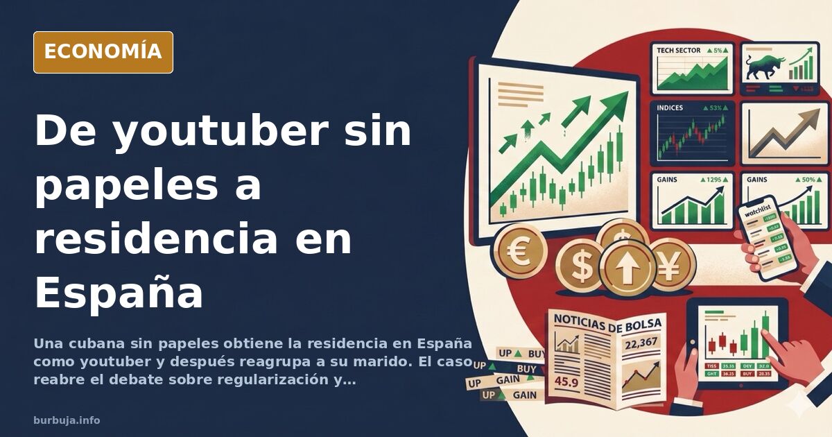 Ilustración editorial de una creadora de contenido frente a una pantalla, con documentos de residencia y un mapa de España al