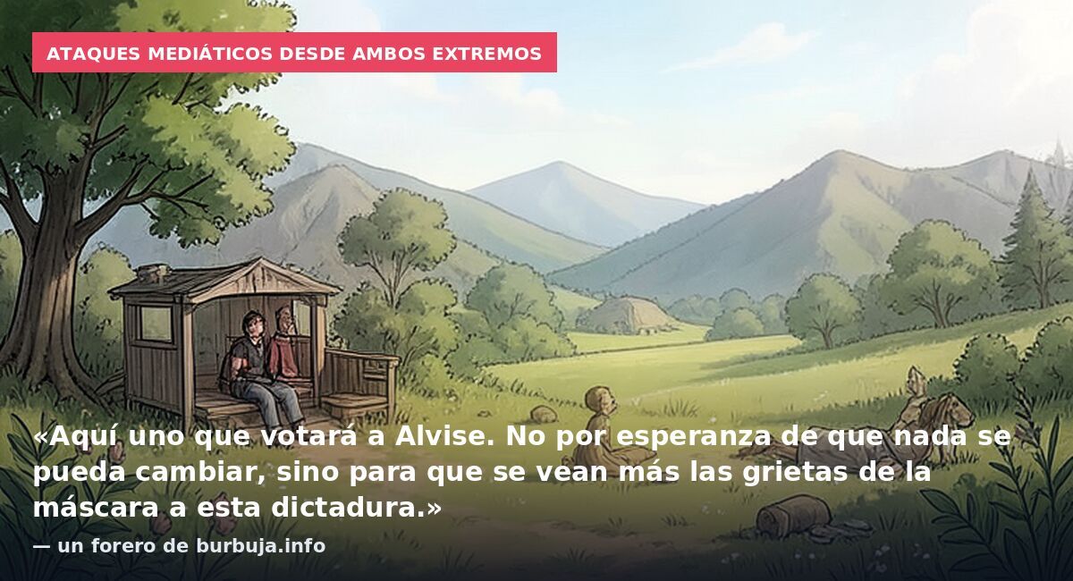 Ataques mediáticos desde ambos extremos: «Aquí uno que votará a Alvise. No por esperanza de que nada se pueda cambiar, sino para que se vean más las grietas de la máscara a esta dictadura.» — un forero de burbuja.info