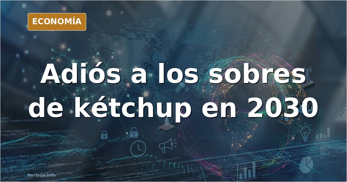 Sobres de kétchup y mayonesa apilados junto a un bote de salsa reutilizable en una mesa de restaurante