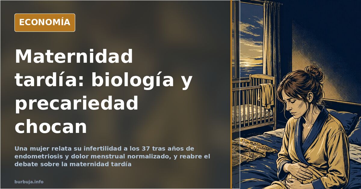 Ilustración editorial en azul marino y dorado con un reloj biológico y un contrato de trabajo precario sobre un calendario de