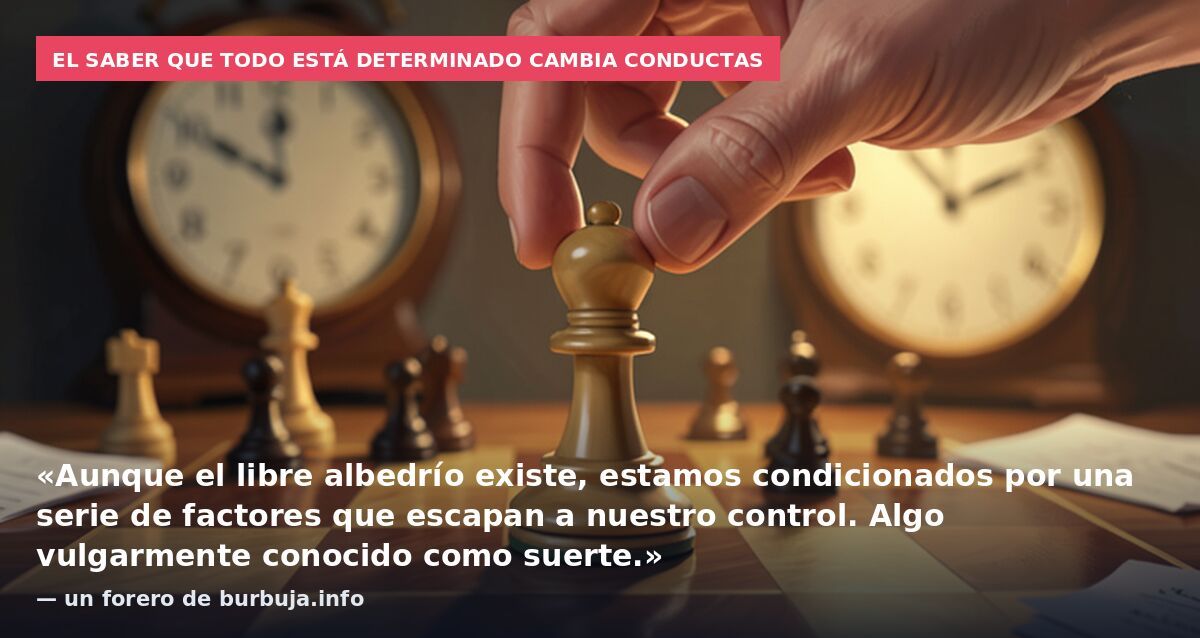 El saber que todo está determinado cambia conductas: «Aunque el libre albedrío existe, estamos condicionados por una serie de factores que escapan a nuestro control. Algo vulgarmente conocido como suerte.» — un forero de burbuja.info