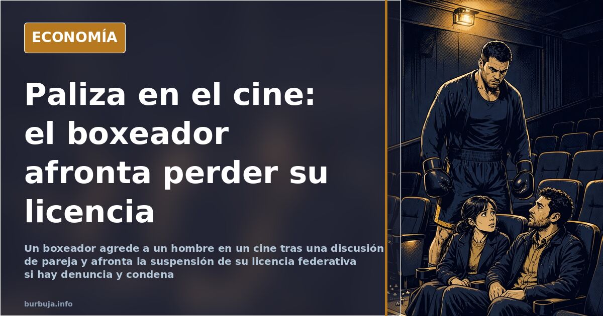 Ilustración editorial de una sala de cine con siluetas enfrentadas y un boxeador profesional agrediendo a un espectador