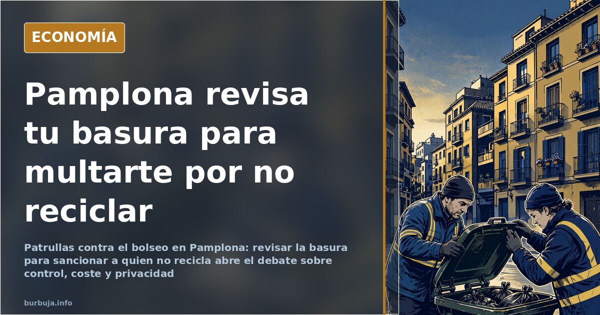 Contenedores de recogida de residuos en una calle de Pamplona vigilados por una patrulla municipal contra el bolseo