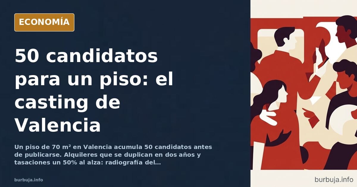 Ilustración editorial de un edificio de viviendas en Valencia con una cola de candidatos esperando para ver un piso en alquil