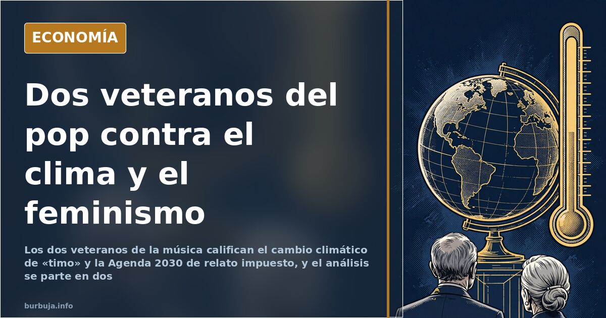 Ilustración editorial de dos veteranos del pop ante un termómetro y un globo terráqueo sobre el cambio climático