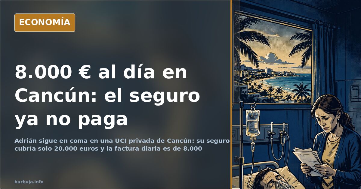 Ilustración editorial de una camilla medicalizada ante un avión privado y una factura de hospitalización en Cancún