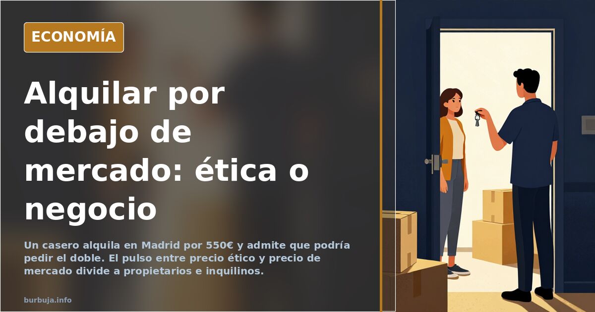 Ilustración editorial sobre el precio del alquiler en España con edificios de viviendas y una balanza entre ética y mercado