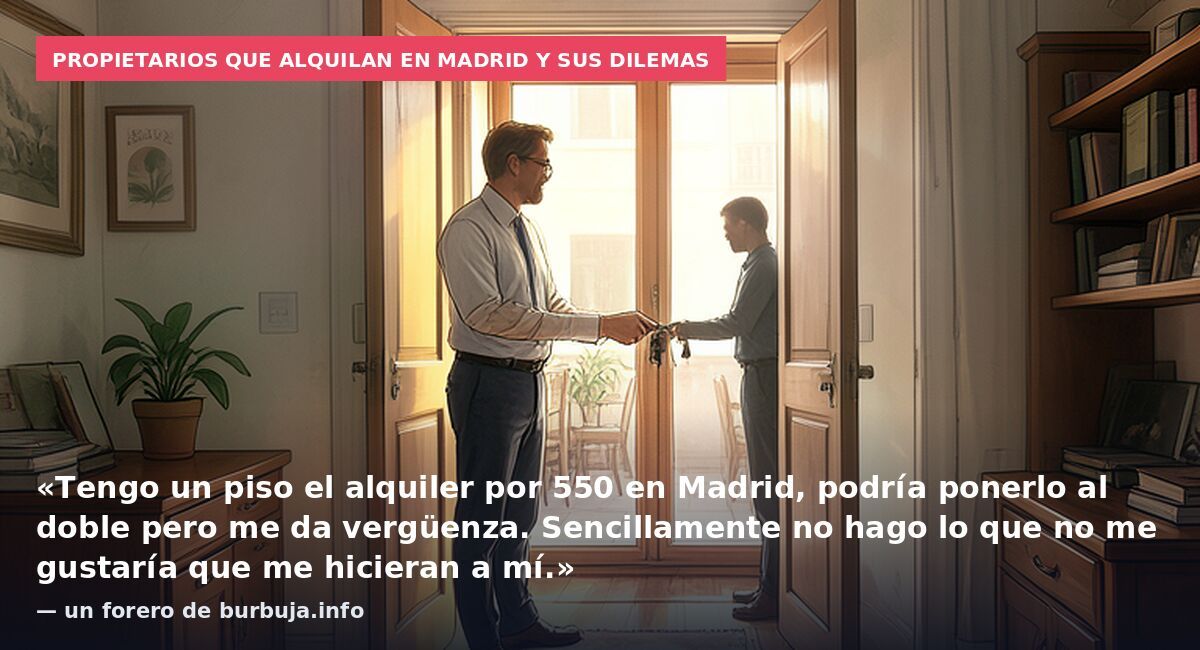 Propietarios que alquilan en Madrid y sus dilemas: «Tengo un piso el alquiler por 550 en Madrid, podría ponerlo al doble pero me da vergüenza. Sencillamente no hago lo que no me gustaría que me hicieran a mí.» — un forero de burbuja.info