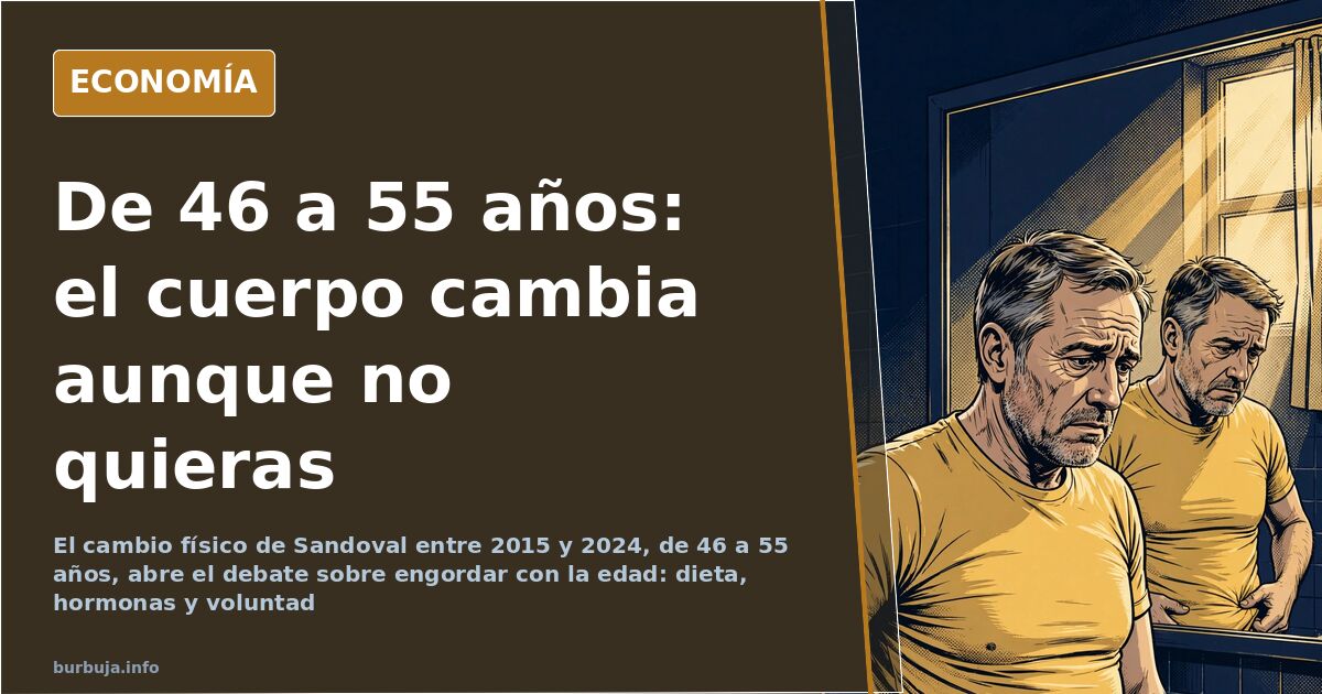 Ilustración editorial sobre engordar con la edad: silueta masculina y curva de peso ascendente en azul y dorado