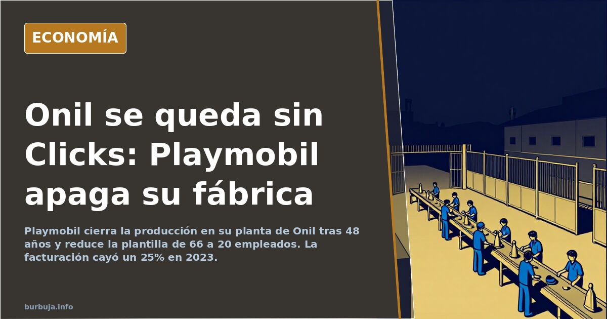 Nave industrial vacía de una fábrica de juguetes en Onil con figuras de Clicks alineadas en primer plano