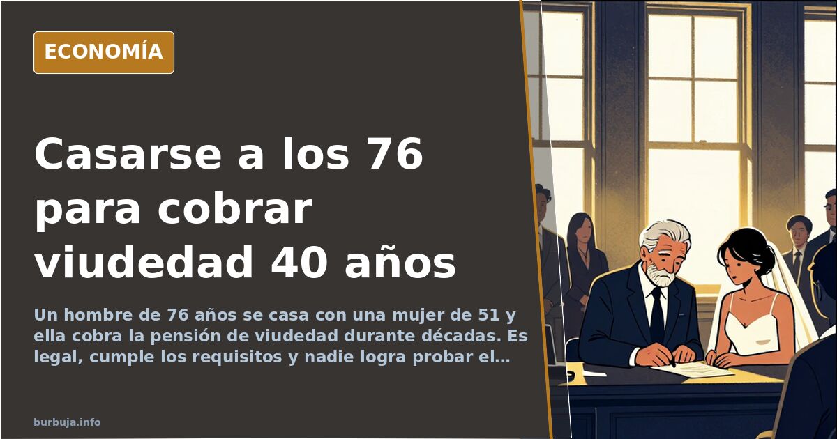 Ilustración editorial de un contrato matrimonial sobre una mesa con documentos de pensión de viudedad y una pluma