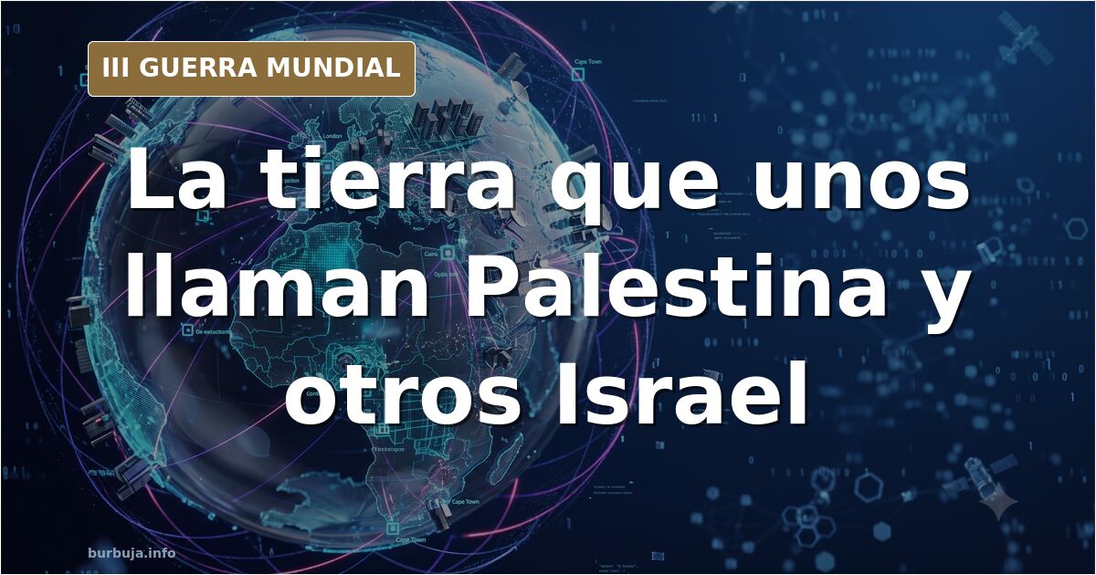 Mapa desaturado de la región de Palestina e Israel con siluetas de equipamiento militar y humo lejano en el horizonte