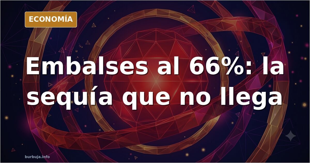 Ilustración editorial de un embalse español lleno hasta el borde con un cartel de alerta por sequía clavado en la orilla