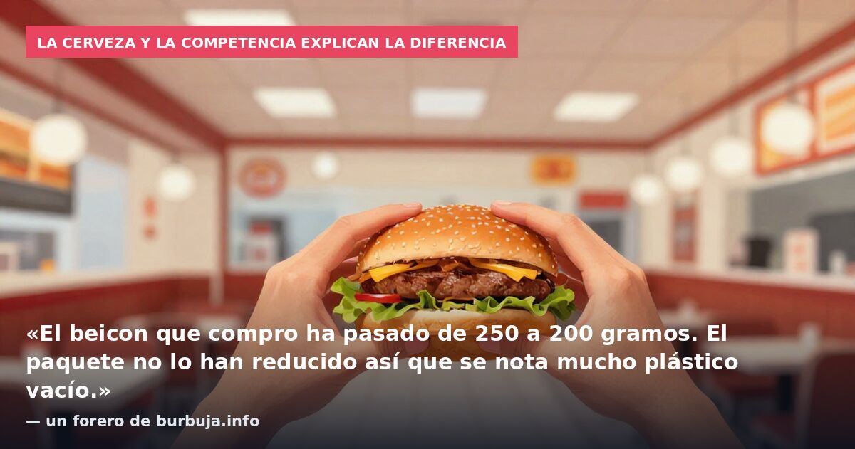 La cerveza y la competencia explican la diferencia: «El beicon que compro ha pasado de 250 a 200 gramos. El paquete no lo han reducido así que se nota mucho plástico vacío.» — un forero de burbuja.info