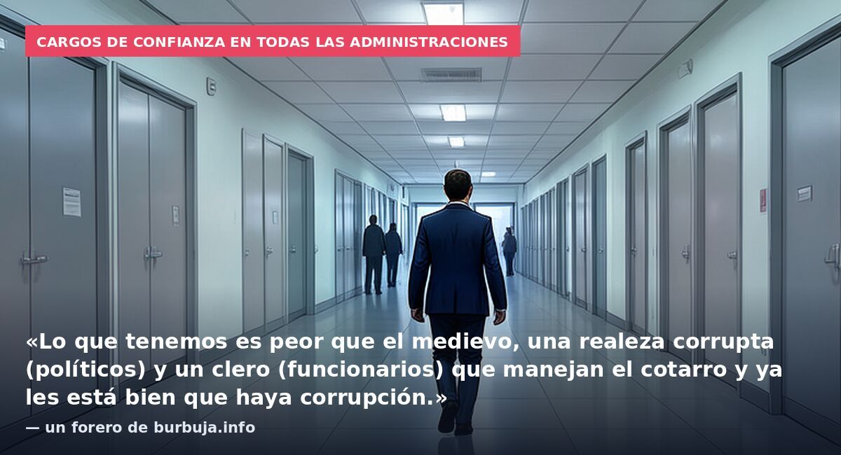 Cargos de confianza en todas las administraciones: «Lo que tenemos es peor que el medievo, una realeza corrupta (políticos) y un clero (funcionarios) que manejan el cotarro y ya les está bien que haya corrupción.» — un forero de burbuja.info