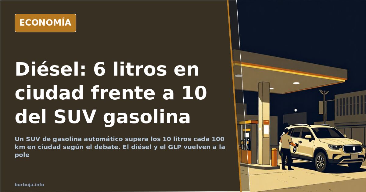 Ilustración editorial en azul marino y dorado de un coche de gasolina repostando frente a un SUV urbano aparcado