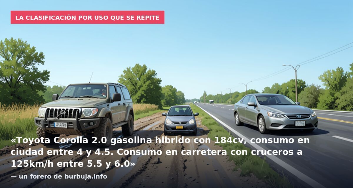 La clasificación por uso que se repite: «Toyota Corolla 2.0 gasolina hibrido con 184cv, consumo en ciudad entre 4 y 4.5. Consumo en carretera con cruceros a 125km/h entre 5.5 y 6.0» — un forero de burbuja.info
