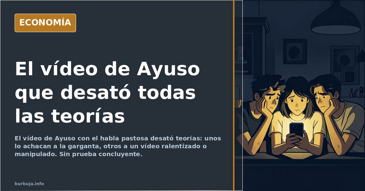 Tribuna política vacía con micrófonos y una pantalla encendida que reproduce el vídeo de Isabel Díaz Ayuso en tonos azul mari