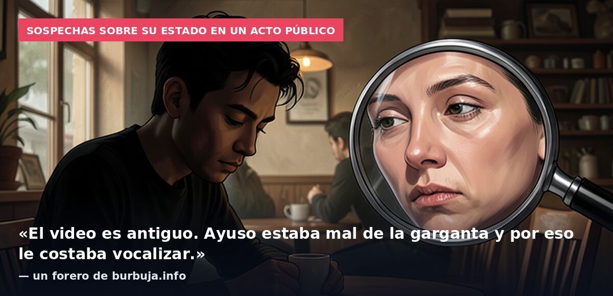 Sospechas sobre su estado en un acto público: «El video es antiguo. Ayuso estaba mal de la garganta y por eso le costaba vocalizar.» — un forero de burbuja.info