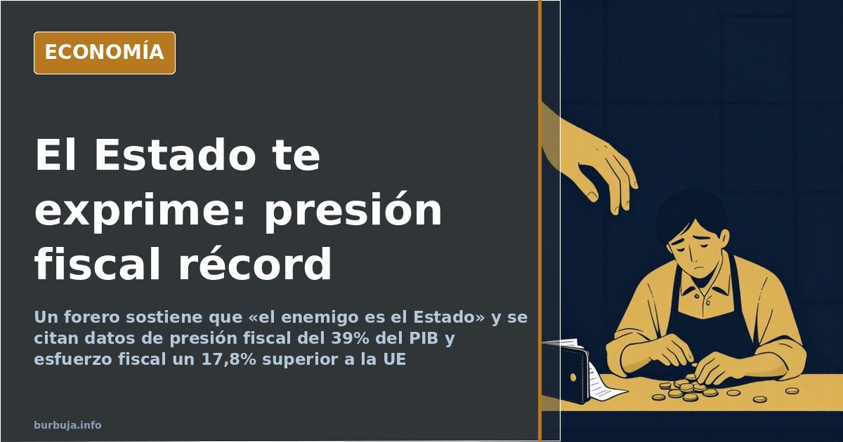Ilustración editorial de un ciudadano aplastado por una mano institucional que extrae monedas, símbolo de la presión fiscal d