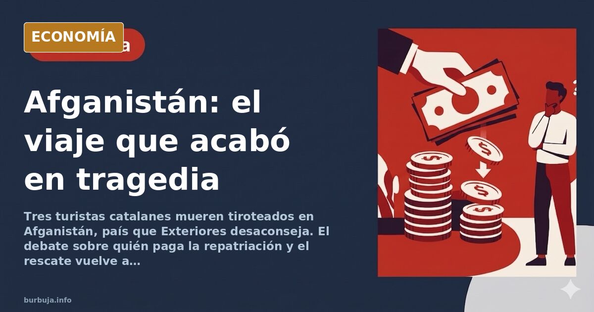 Ilustración editorial de un mapa de Afganistán con una ruta de viaje marcada y una advertencia oficial de Exteriores