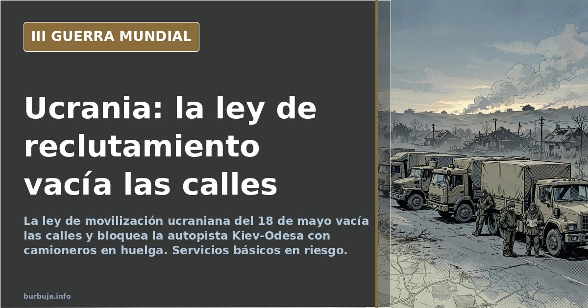 Ilustración documental de una avenida urbana ucraniana desierta con camiones parados y siluetas de equipamiento militar al fo