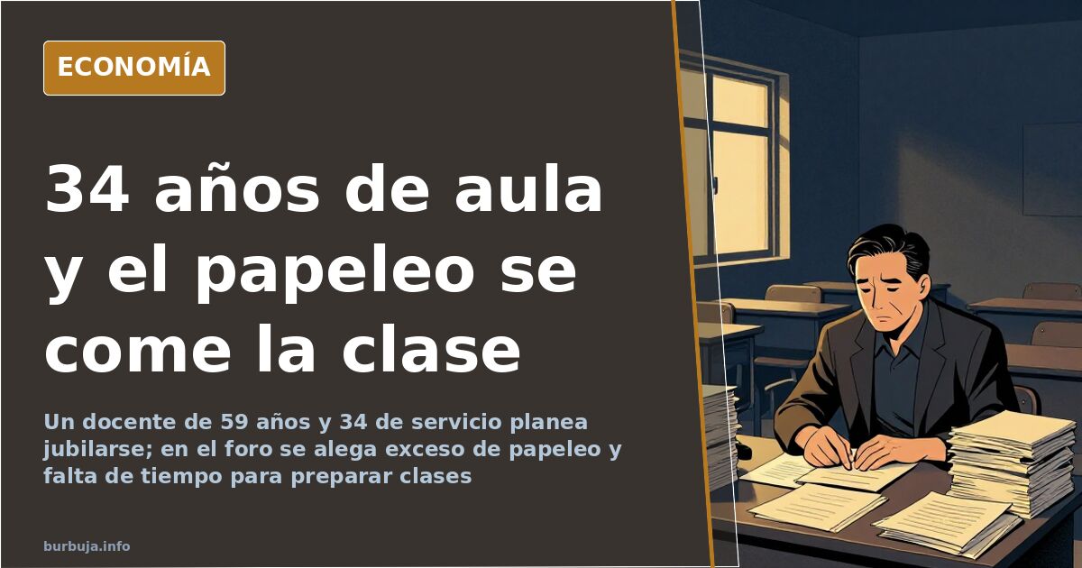 Pila de expedientes y formularios educativos sobre la mesa de un aula vacía con sillas y pizarra al fondo