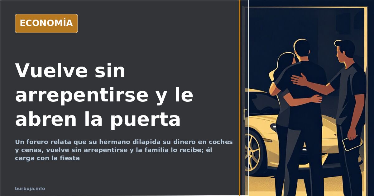 Ilustración editorial de un hijo pródigo que regresa sin arrepentirse mientras su hermano observa con la puerta entreabierta