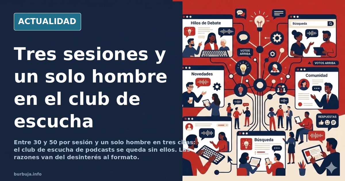 Reunión de un club de escucha con sillas en círculo, mujeres sentadas conversando y un único hombre en una silla lateral
