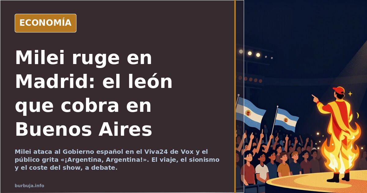 Javier Milei gesticulando en un escenario ante un público que grita «Argentina» en el Viva24 de Vox en Madrid