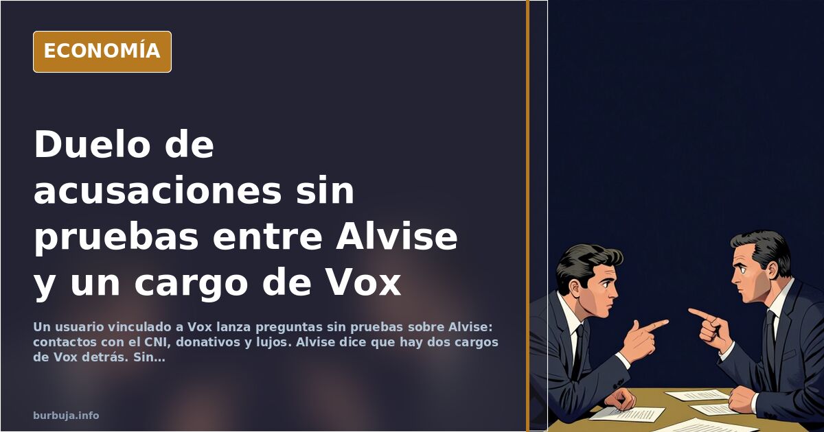 Ilustración editorial de dos siluetas enfrentadas en un duelo de acusaciones sin pruebas sobre Alvise y Vox