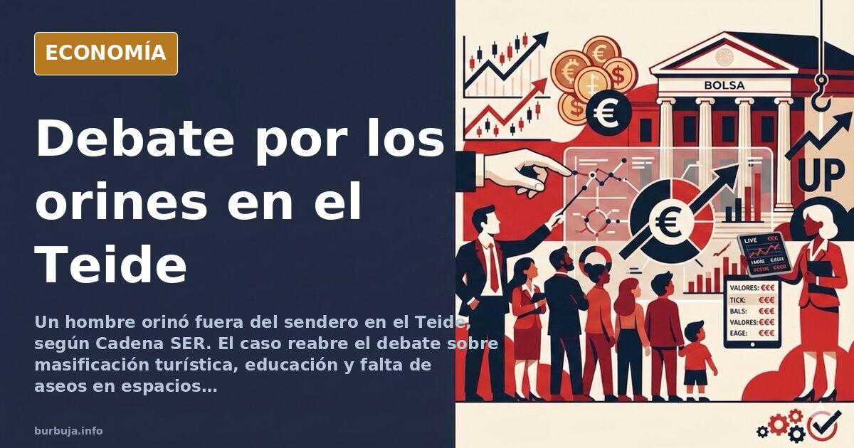 Ilustración editorial de un volcán con turistas y residuos, representando la masificación turística en el Parque Nacional del
