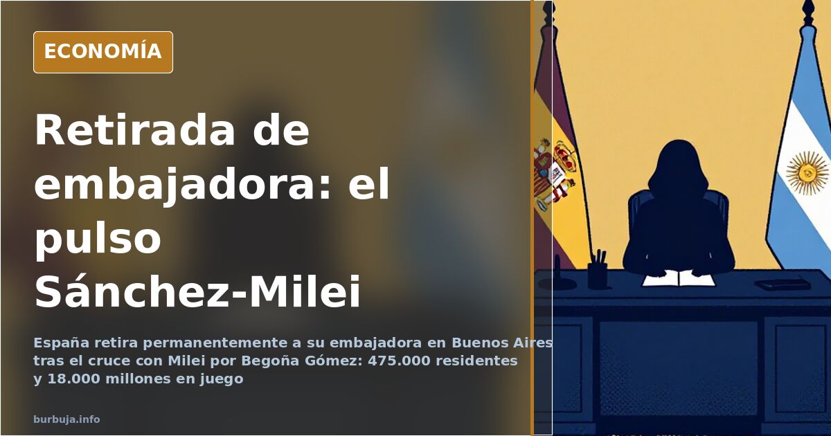 Despacho diplomático vacío con sillas retiradas y banderas de España y Argentina, símbolo de la embajadora ausente