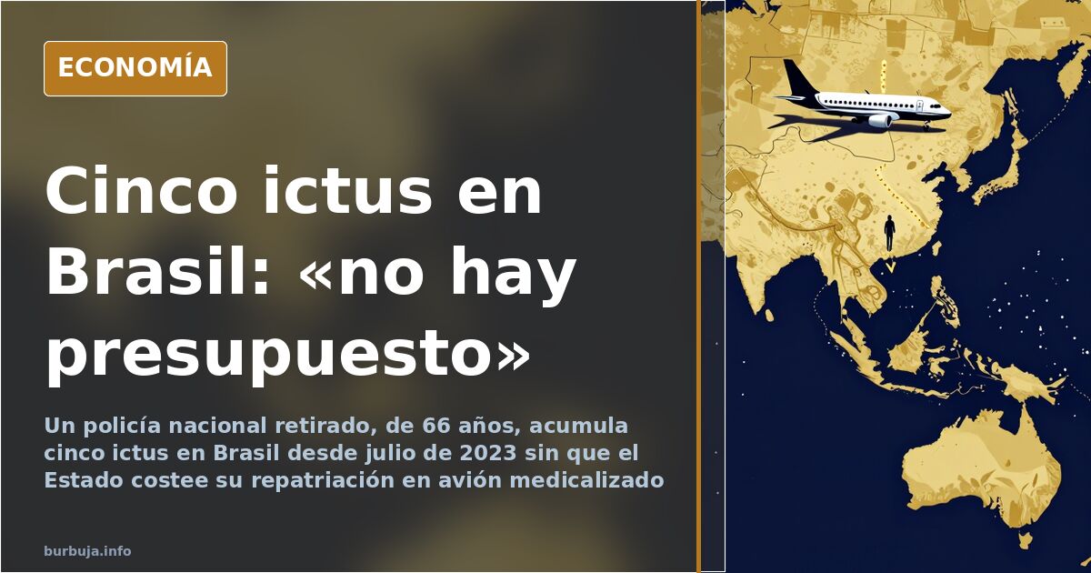 Avión medicalizado sobre un mapa entre España y Brasil, símbolo de la repatriación sanitaria de un policía retirado