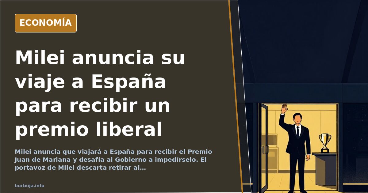 Ilustración editorial de un avión presidencial argentino sobrevolando un mapa de España con un premio en la mano