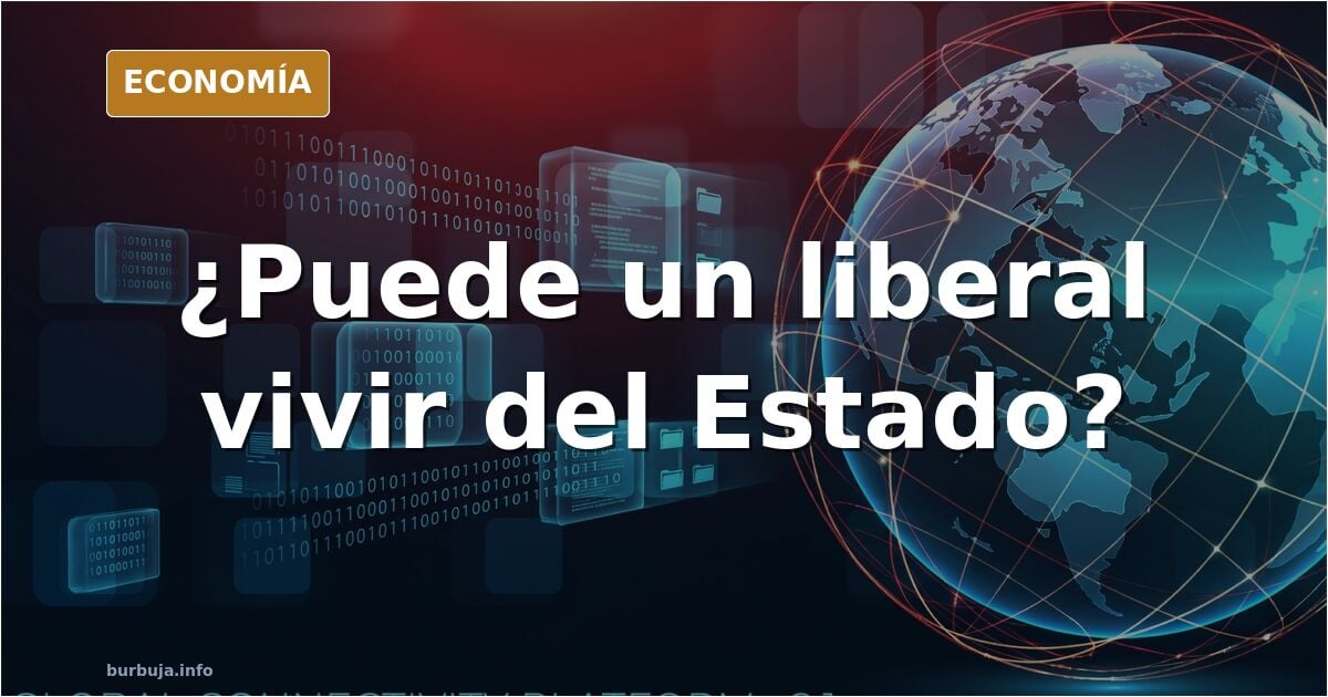 Ilustración editorial de un atril vacío con el eslogan liberal y una bandera de España desdibujada al fondo