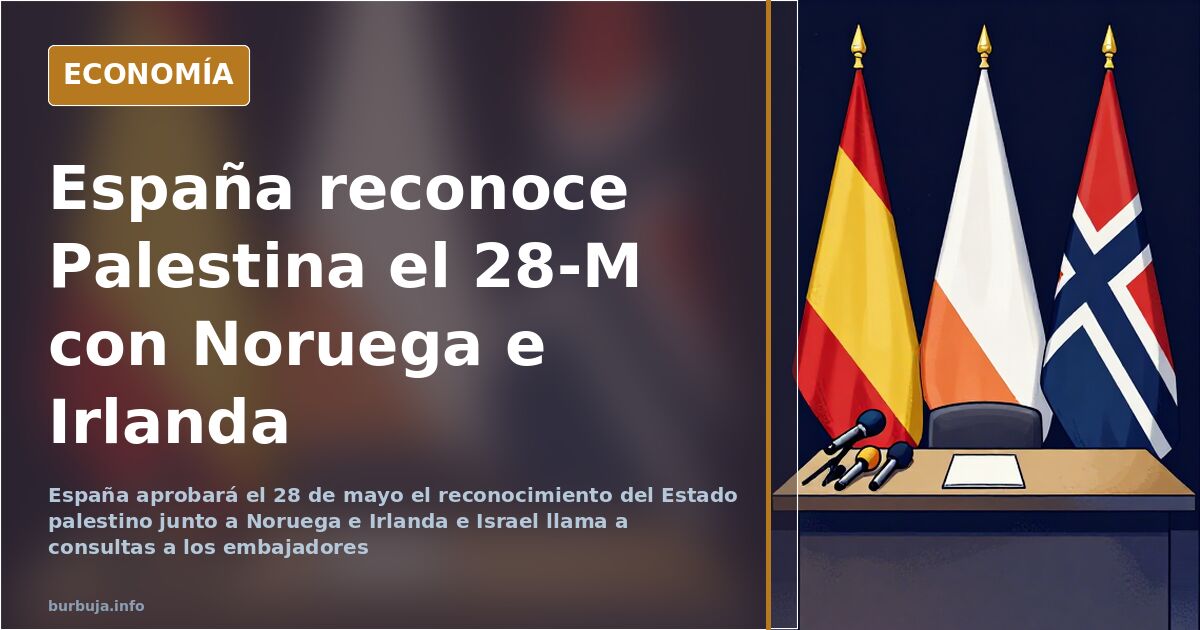 Atrio vacío con atril y tres banderas de España, Noruega e Irlanda sobre una mesa con carpeta oficial de reconocimiento del E