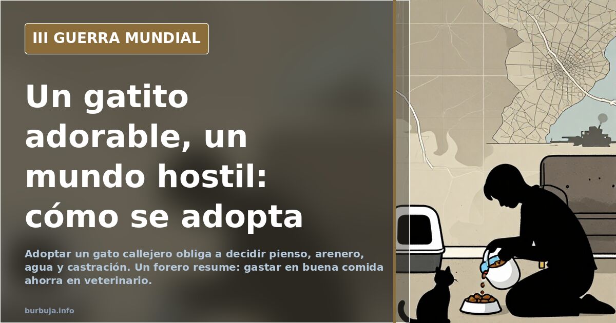 Ilustración documental de un gato doméstico junto a un bebedero de agua y un arenero limpio en un interior desaturado
