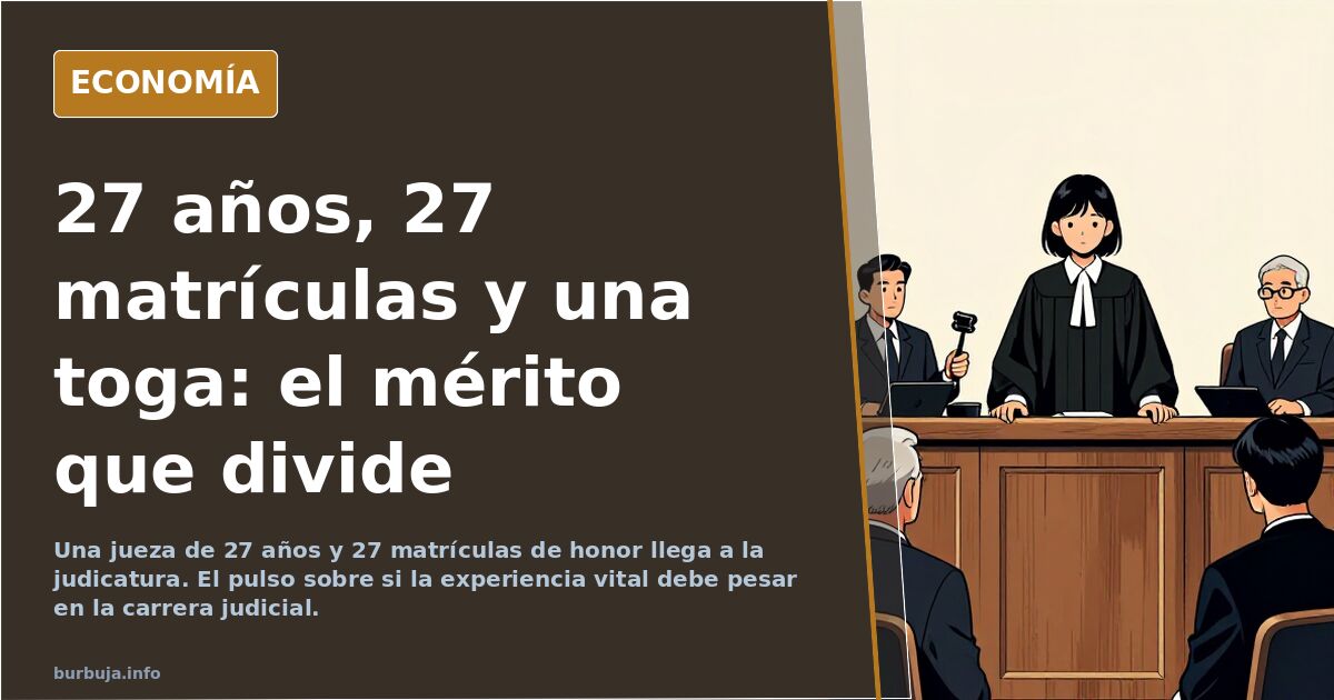 Ilustración editorial de una joven jueza con toga y mazo sobre una pila de códigos legales, en azul marino y dorado