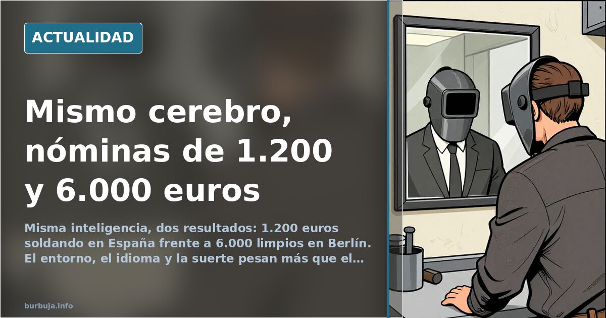Ilustración editorial de dos trabajadores con la misma inteligencia en entornos opuestos: taller metálico y oficina berlinesa