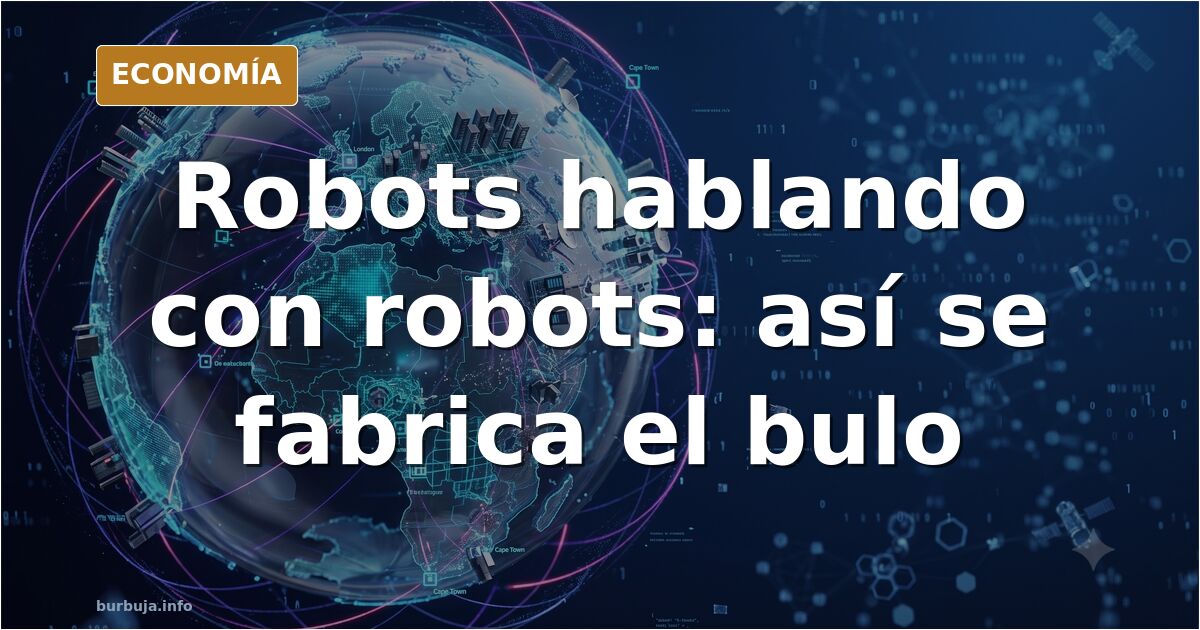 Ilustración editorial de dos robots conversando frente a una pantalla que muestra un vídeo manipulado con la bandera de Argen