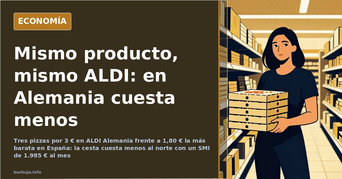 Comparativa de precios de la cesta de la compra entre ALDI Alemania y España sobre una estantería de supermercado