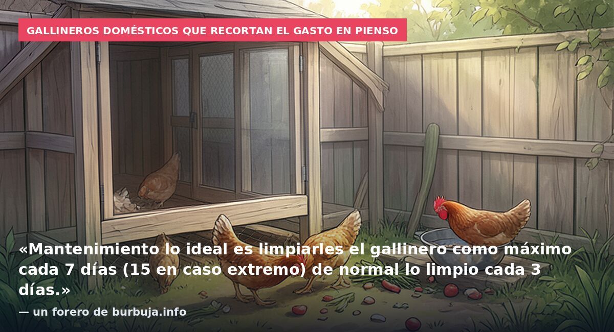 Gallineros domésticos que recortan el gasto en pienso: «Mantenimiento lo ideal es limpiarles el gallinero como máximo cada 7 días (15 en caso extremo) de normal lo limpio cada 3 días.» — un forero de burbuja.info