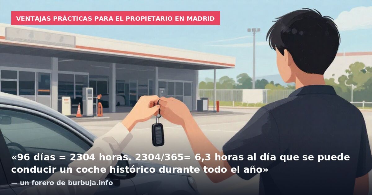 Ventajas prácticas para el propietario en Madrid: «96 días = 2304 horas. 2304/365= 6,3 horas al día que se puede conducir un coche histórico durante todo el año» — un forero de burbuja.info