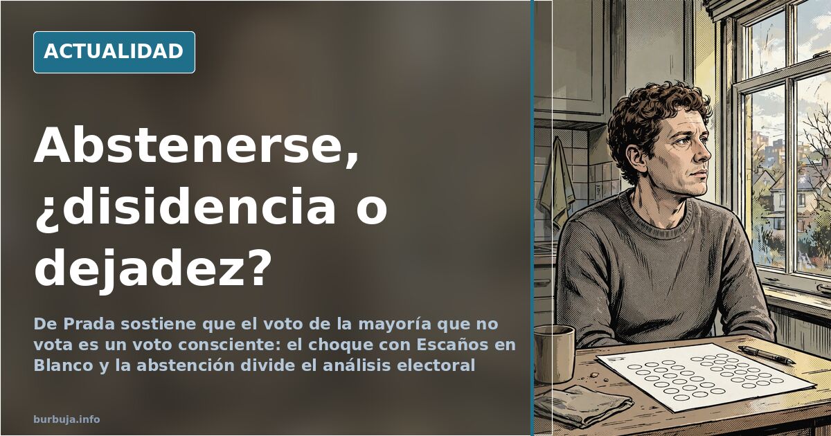 Urna electoral en un colegio con papeletas al fondo, ilustración editorial sobre la abstención y el voto consciente en España