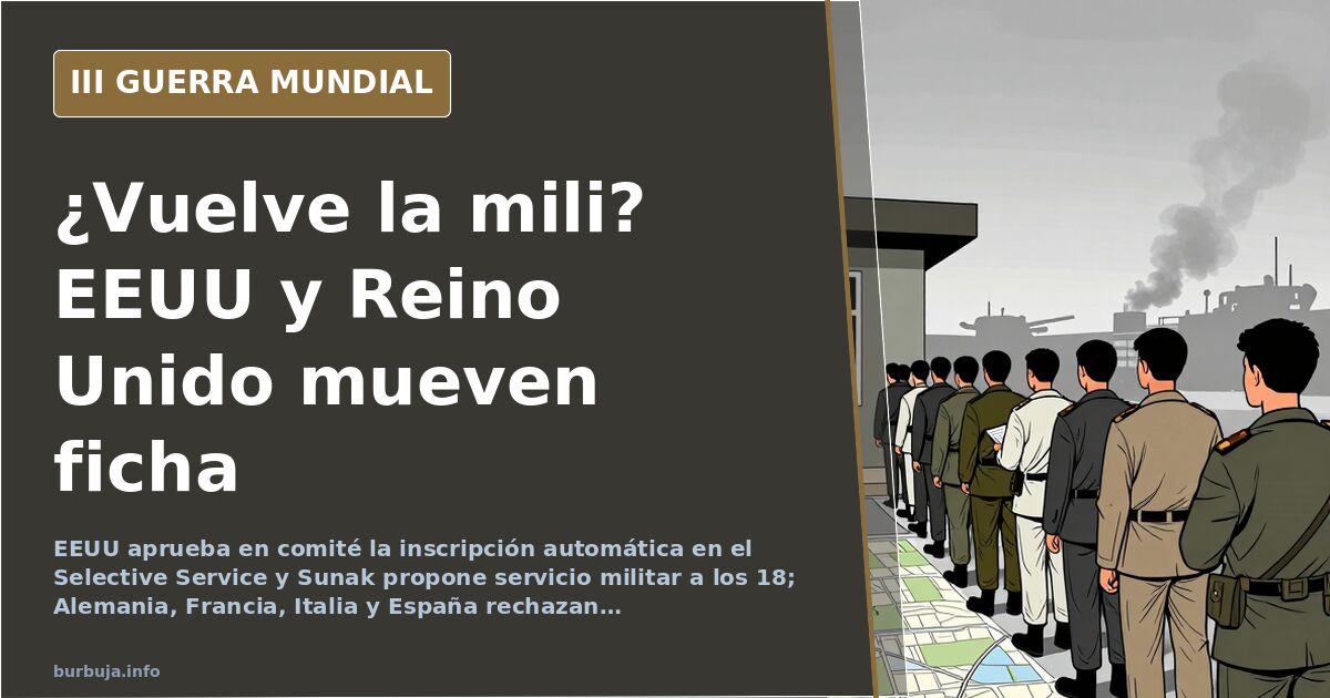 Ilustración documental desaturada con siluetas de equipo militar y un mapa de Europa, humo distante en el horizonte