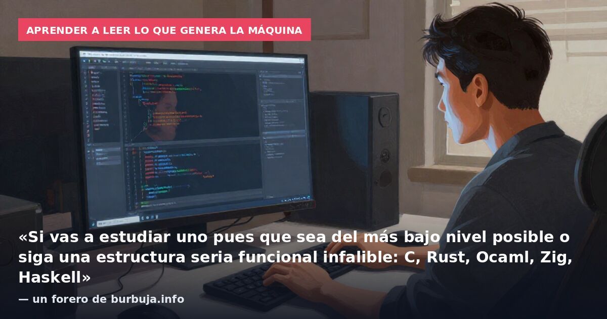 Aprender a leer lo que genera la máquina: «Si vas a estudiar uno pues que sea del más bajo nivel posible o siga una estructura seria funcional infalible: C, Rust, Ocaml, Zig, Haskell» — un forero de burbuja.info
