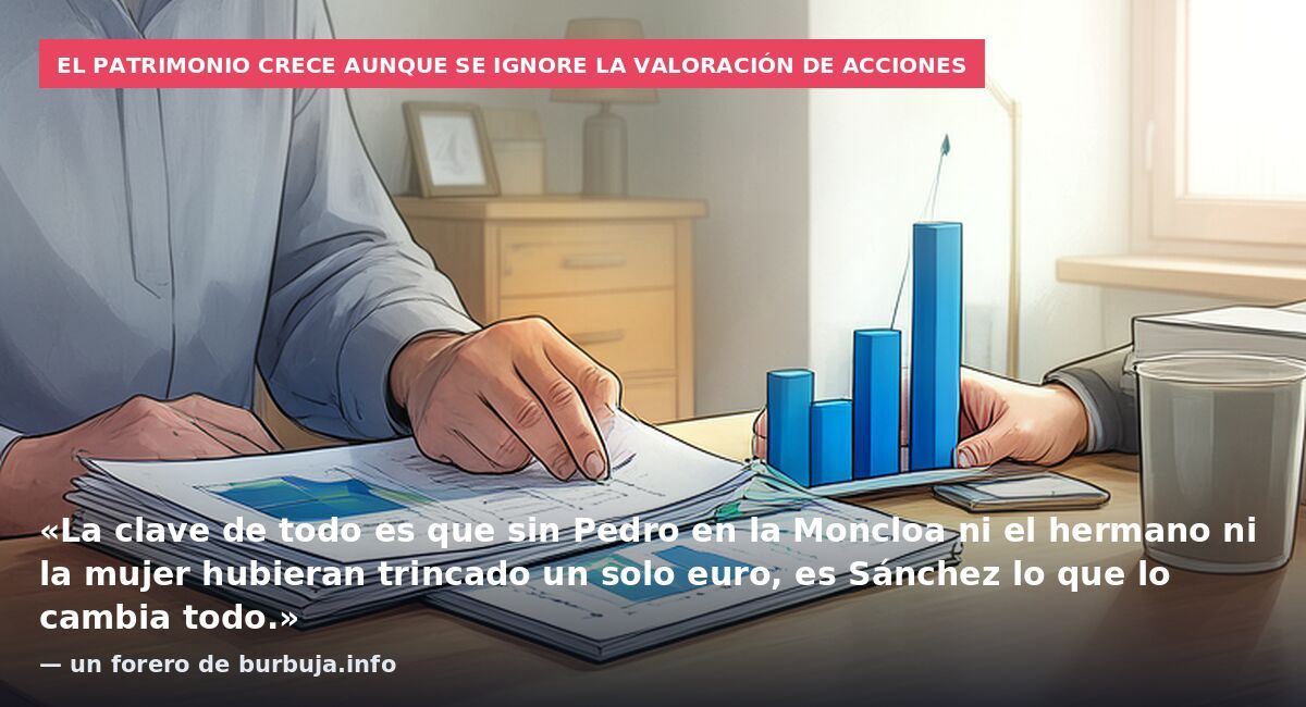 El patrimonio crece aunque se ignore la valoración de acciones: «La clave de todo es que sin Pedro en la Moncloa ni el hermano ni la mujer hubieran trincado un solo euro, es Sánchez lo que lo cambia todo.» — un forero de burbuja.info