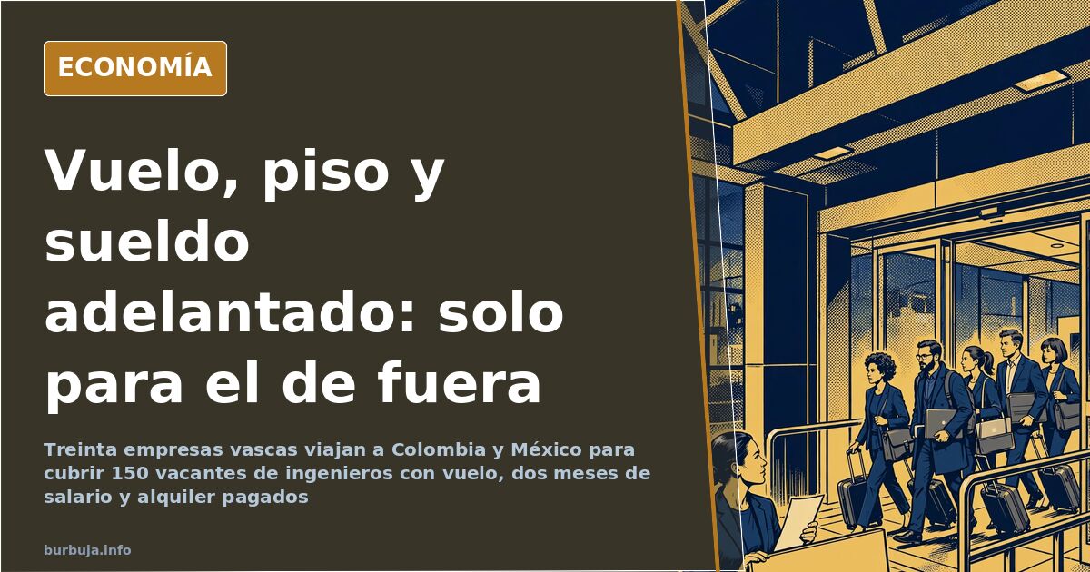 Ingenieros con maletas en un aeropuerto junto a una oferta de empleo con vuelo, alquiler y dos meses de salario pagados